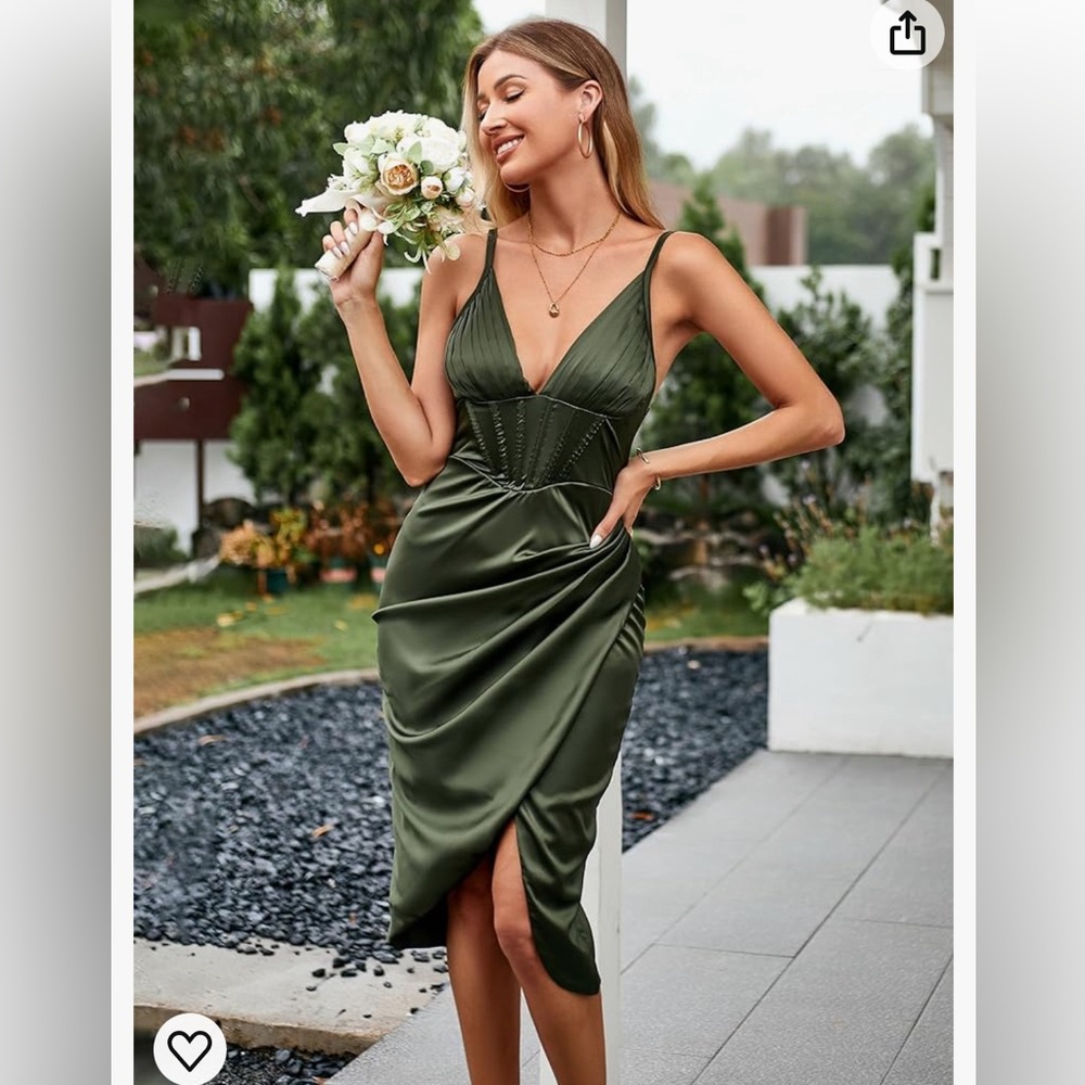 ZAFUL Women's Silky Pleated Draped Bustier Corset-Style Deep V Neck Midi Dress